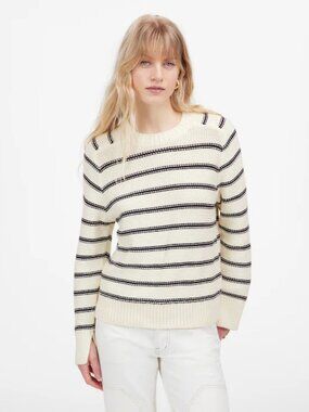 MADEWELL Cotton Crewneck Sweater M Bright Ivory Navy Stripe NWT